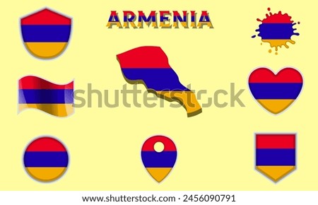 Collection of flags and coats of arms of Armenia in flat style with map and text.