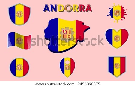 Collection of flags and coats of arms of Andorra in flat style with map and text.