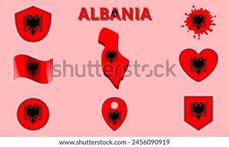 Collection of flags and coats of arms of Albania in flat style with map and text.