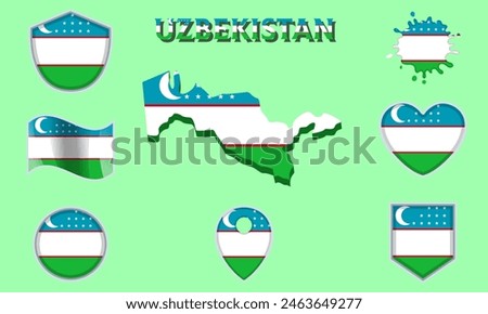 Collection of flags and coats of arms of Uzbekistan in flat style with map and text.