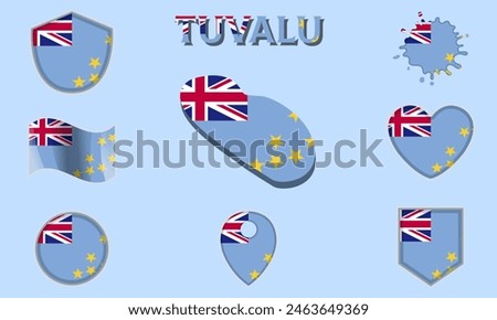 Collection of flags and coats of arms of Tuvalu in flat style with map and text.