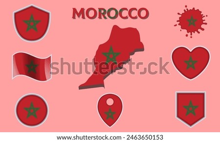 Collection of flags and coats of arms of Morocco in flat style with map and text.