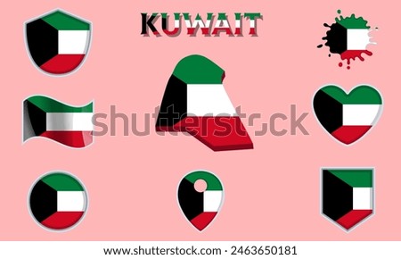 Collection of flags and coats of arms of Kuwait in flat style with map and text.