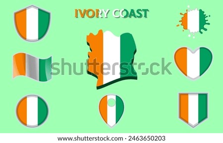 Collection of flags and coats of arms of Ivory Coast in flat style with map and text.