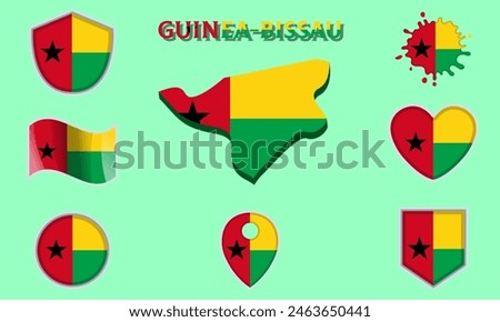 Collection of flags and coats of arms of Guinea-Bissau in flat style with map and text.