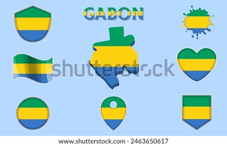 Collection of flags and coats of arms of Gabon in flat style with map and text.