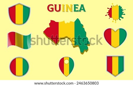 Collection of flags and coats of arms of Guinea in flat style with map and text.