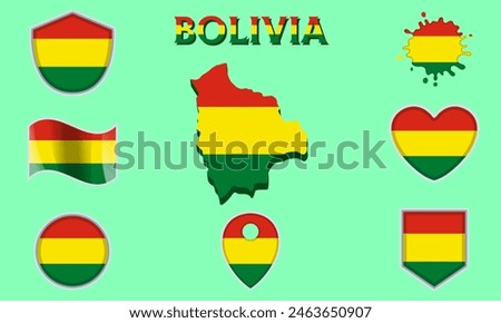 Collection of flags and coats of arms of Bolivia in flat style with map and text.