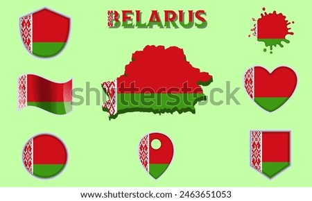 Collection of flags and coats of arms of Belarus in flat style with map and text.