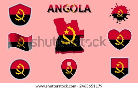 Collection of flags and coats of arms of Angola in flat style with map and text.