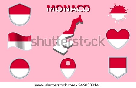 Collection of flags and coats of arms of Monaco in flat style with map and text.