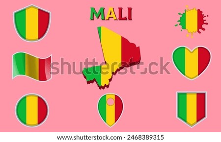 Collection of flags and coats of arms of Mali in flat style with map and text.
