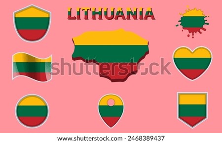 Collection of flags and coats of arms of Lithuania in flat style with map and text.