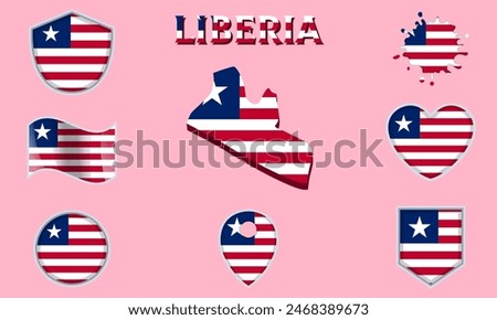 Collection of flags and coats of arms of Liberia in flat style with map and text.