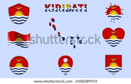 Collection of flags and coats of arms of Kiribati in flat style with map and text.