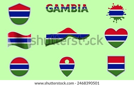 Collection of flags and coats of arms of Gambia in flat style with map and text.