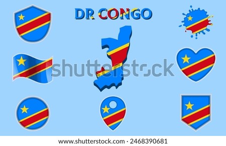 Collection of flags and coats of arms of DR Congo in flat style with map and text.