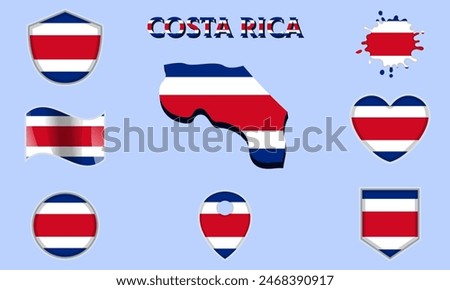 Collection of flags and coats of arms of Costa Rica in flat style with map and text.