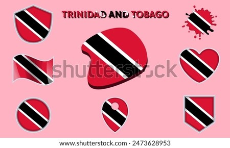 Collection of flags and coats of arms of Trinidad and Tobago in flat style with map and text.