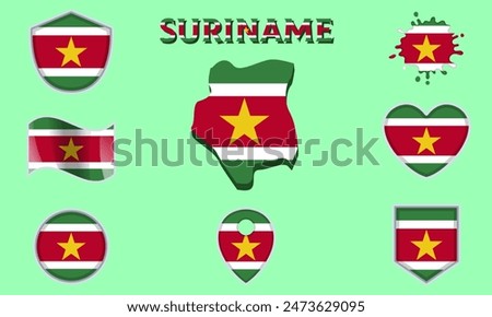 Collection of flags and coats of arms of Suriname in flat style with map and text.