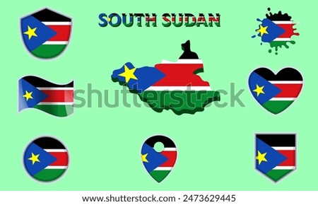 Collection of flags and coats of arms of South Sudan in flat style with map and text.