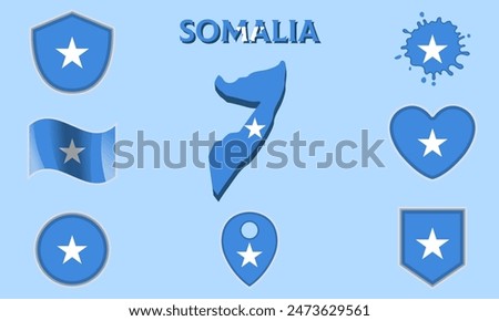 Collection of flags and coats of arms of Somalia in flat style with map and text.