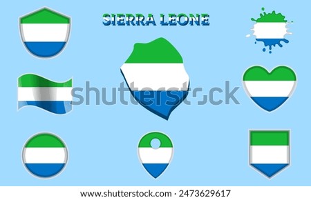 Collection of flags and coats of arms of Sierra Leone in flat style with map and text.