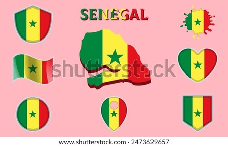 Collection of flags and coats of arms of Senegal in flat style with map and text.