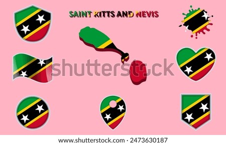 Collection of flags and coats of arms of Saint Kitts and Nevis in flat style with map and text.