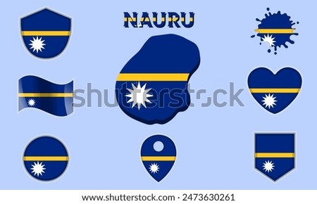 Collection of flags and coats of arms of Nauru in flat style with map and text.