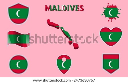 Collection of flags and coats of arms of Maldives in flat style with map and text.