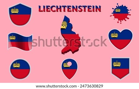 Collection of flags and coats of arms of Liechtenstein in flat style with map and text.