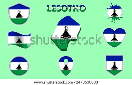 Collection of flags and coats of arms of Lesotho in flat style with map and text.