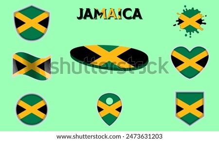 Collection of flags and coats of arms of Jamaica in flat style with map and text.