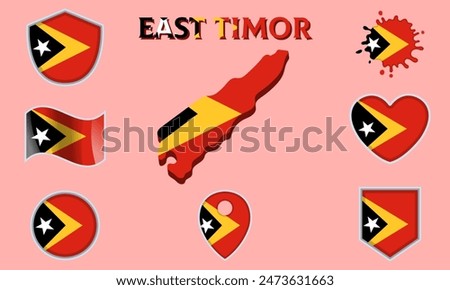 Collection of flags and coats of arms of East Timor in flat style with map and text.