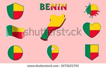 Collection of flags and coats of arms of Benin in flat style with map and text.