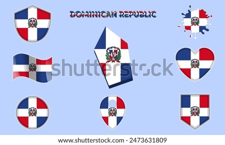 Collection of flags and coats of arms of Dominican Republic in flat style with map and text.