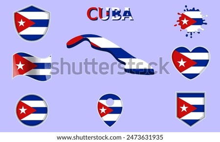 Collection of flags and coats of arms of Cuba in flat style with map and text.