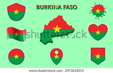 Collection of flags and coats of arms of Burkina Faso in flat style with map and text.