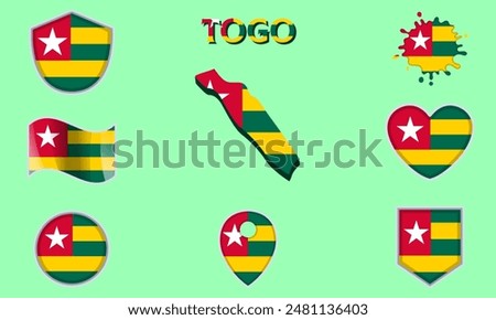 Collection of flags and coats of arms of Togo in flat style with map and text.