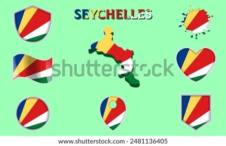 Collection of flags and coats of arms of Seychelles in flat style with map and text.