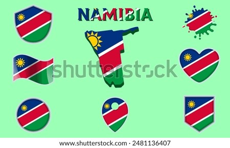 Collection of flags and coats of arms of Namibia in flat style with map and text.