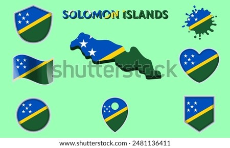 Collection of flags and coats of arms of Solomon islands in flat style with map and text.