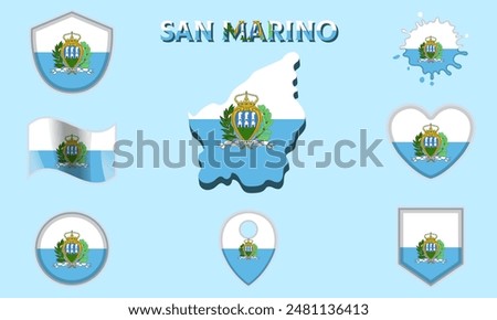 Collection of flags and coats of arms of San Marino in flat style with map and text.