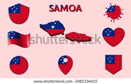 Collection of flags and coats of arms of Samoa in flat style with map and text.