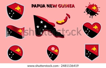 Collection of flags and coats of arms of Papua New Guinea in flat style with map and text.