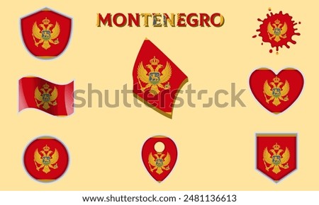 Collection of flags and coats of arms of Montenegro in flat style with map and text.