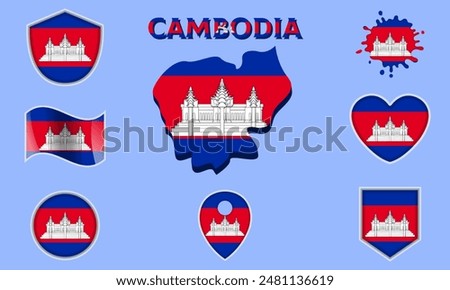 Collection of flags and coats of arms of Cambodia in flat style with map and text.