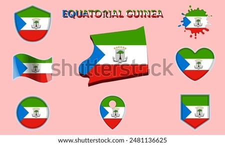 Collection of flags and coats of arms of Equatorial Guinea in flat style with map and text.