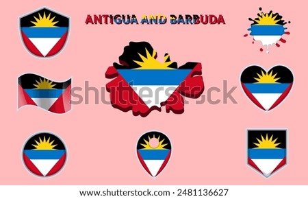 Collection of flags and coats of arms of Antigua and Barbuda in flat style with map and text.